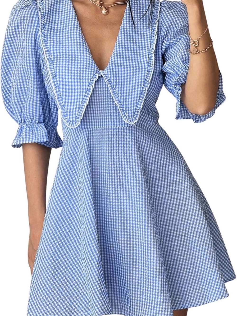 Light Blue Gingham Fit & Flare Dress with Peter Pan Collar